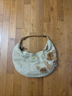Cream Woven Hobo Bag with Tan Floral Appliqués